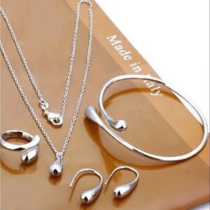Waterdrop Jewelry Set Womens Sterling Silver Necklace Bracelet Earrings Ring